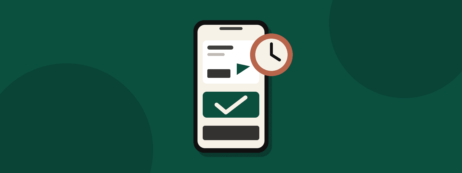 A phone showing a boarding pass and a green check mark, with a clock badge beside it
