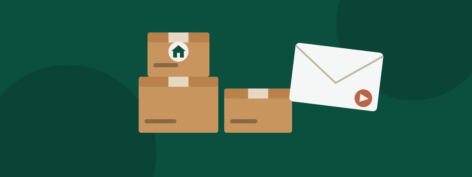 Illustrated moving boxes with a house label, beside a forwarded envelope